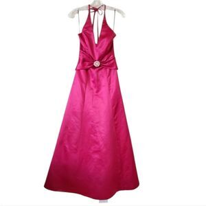 Jessica Mcclintock For Gunne Sax Maxi Dress Satin Pink Siz3 3/4 Halter Neck